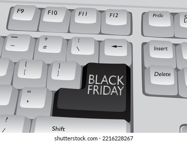 Computer Keyboard with Black Friday text. Close-up of an electronic Computer Device part, keypad.
