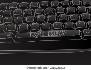 Computer Keyboard with Black Friday text. Close-up of an electronic Computer Device part, keypad.