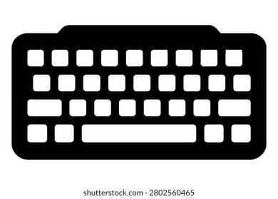 Computer keyboard black silhouette icon isolated on white background. Minimal bold vector-style illustration with keyboard body, rows of keys, spacebar, smooth rounded contours, and clean negative-space details for technology, office work, typing, digital tools, sticker, decal, and cutting file design.