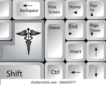 Computer keyboard with caduceus key. EPS 10.