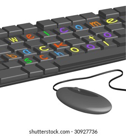 Computer keyboard with colored letters and a mouse