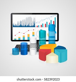 Computer And Keyboard With Dashboard Financial Charts And Graphs  - Business,finance, Accounting Statistic Concept . Vector Illustration.