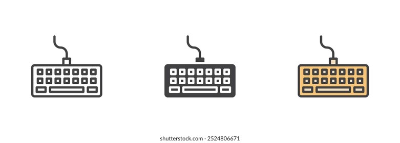 Conjunto de iconos de estilo diferente de teclado de computadora. Línea, glifo y contorno relleno versión colorida, contorno y signo de Vector relleno. Símbolo del teclado, ilustración del logotipo. Gráficos de Vector