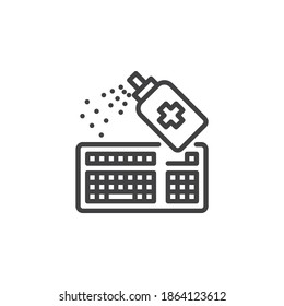 Computer keyboard disinfection line icon. linear style sign for mobile concept and web design. Keyboard and sanitizer spray outline vector icon. Symbol, logo illustration. Vector graphics