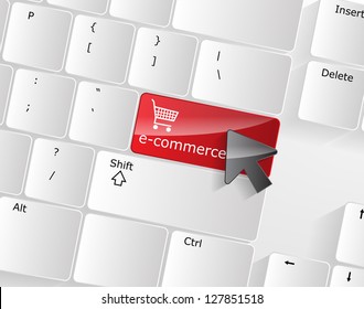 Computer Keyboard with e-commerce Key and a black arrow on it.