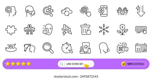 Computer keyboard, Face attention and Cloud sync line icons for web app. Pack of Writer, Qr code, Saving electricity pictogram icons. Cough, Safe time, Puzzle signs. Cogwheel settings. Vector