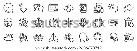 Computer keyboard, Face attention and Cloud sync line icons pack. Share, Message, Paper plane icons. Writer, Qr code, Saving electricity web icon. Cough, Safe time, Puzzle pictogram. Vector