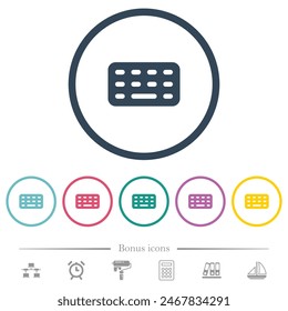 Computer keyboard flat color icons in round outlines. 6 bonus icons included.