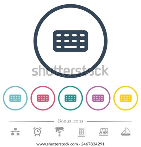 Computer keyboard flat color icons in round outlines. 6 bonus icons included.