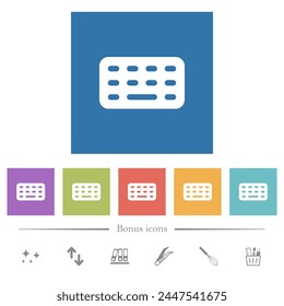 Iconos blancos planos del teclado del ordenador en fondos cuadrados. 6 iconos de bonificación incluidos.