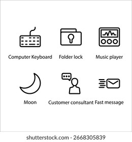 Computer Keyboard, Folder lock, Music player, Moon, Customer consultant, Fast message, Icon, Line icon Set