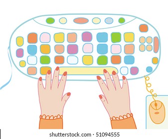 Computer keyboard funny cartoon and girls hands