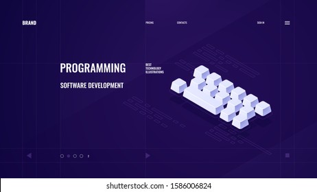 Computer keyboard, isometric icon, code text, programming and software development concept, neon vector illustration, web site banner design