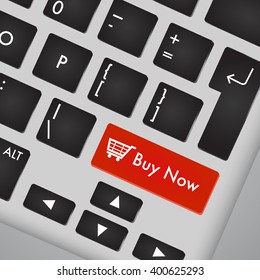 Computer keyboard with key Buy now and icon. Vector illustration