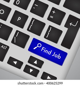 Computer keyboard with key find job and icon. Vector illustration