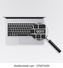 Computer keyboard with magnifying glass/Computer keyboard, Vector realistic illustration