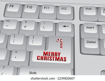 Computer Keyboard with Merry Christmas text. Close-up of an electronic Computer Device part, keypad.