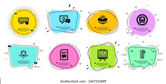 Computer keyboard, Metro subway and Comments line icons set. Chat bubbles with quotes. Open box, Water glass and Idea lamp signs. Vision board, Augmented reality symbols. Vector