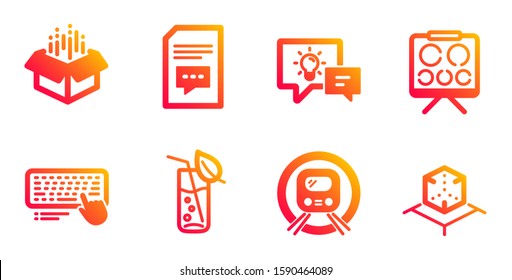 Computer keyboard, Metro subway and Comments line icons set. Open box, Water glass and Idea lamp signs. Vision board, Augmented reality symbols. Pc device, Underground. Business set. Vector