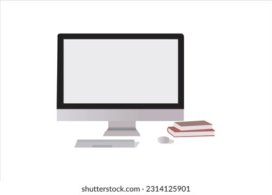 Ordenador, teclado, ratón y libro sobre fondo blanco. Concepto de tabla de espacio de trabajo. 
