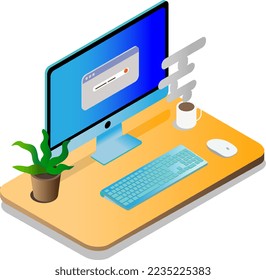 computer, keyboard, mouse and a cup of steaming black coffee on the table