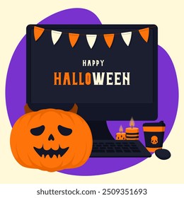 A computer with a keyboard and mouse decorated with garlands and a Halloween message on the screen. Nearby, there is a pumpkin with a creepy smile, coffee with a skull design, and orange candles