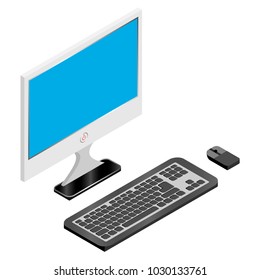 Computer keyboard, mouse and monitor isometry vector illustration