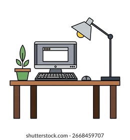 A computer with keyboard and mouse sits on a wooden desk with a lamp and a small potted plant.