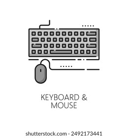 Computer keyboard and mouse software thin line icon. Computer system driver, server hardware testing or web network software development thin line vector symbol with PC input equipment