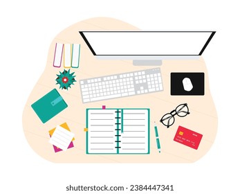 Computer, keyboard, mouse, stationery, credit card, glasses, supplies for working in the office, desk top view vector illustration.