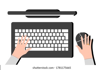Computer with keyboard and mouse, top view. Work at a laptop, type, click with the mouse. Vector illustration, flat cartoon color design, isolated on white background, eps 10.