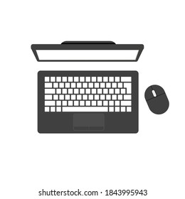 Computer, keyboard, mouse, top view. Vector illustration, flat cartoon design, monochrome colors, isolated on white background, eps 10.