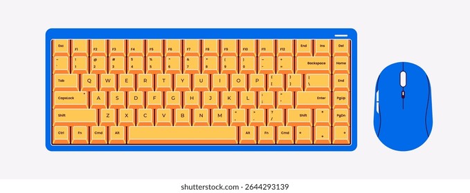 Computer keyboard and mouse. Vector illustration. Modern design. Suitable for tech, office, UI elements, digital devices, and workspace concepts. Compact without a numeric keypad.