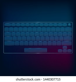 Teclado informático con neón de fondo negro. Diseño fluorescente moderno para banner. Ilustración de arte luminiscente vectorial. Patrón de silueta brillante claro, vista superior de plantilla.