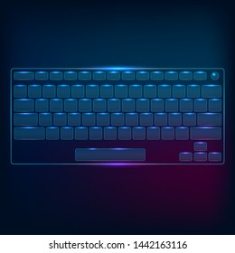 Teclado informático con neón de fondo negro. Diseño fluorescente moderno para banner. Ilustración de arte luminiscente vectorial. Patrón de silueta brillante claro, vista superior de plantilla.