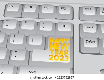 Computer Keyboard with New Year text. Close-up of an electronic Computer Device part, keypad. Holiday greeting card. Abstract vector illustration.