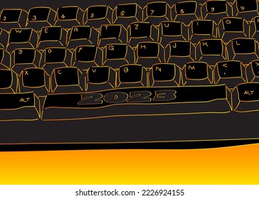 Computer Keyboard with number 2023. Close-up of an electronic Computer Device part, keypad.