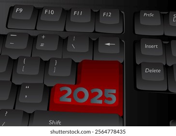 Computer Keyboard with number 2025. Close-up of an electronic Computer Device part, keypad.