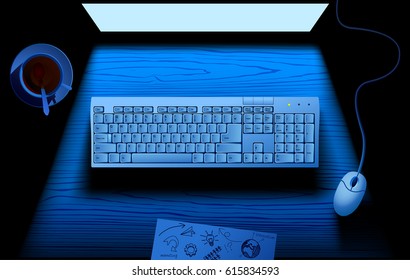 Computer keyboard on table illuminated by blue light of monitor screen. Home and office workspace in night. Vector illustration