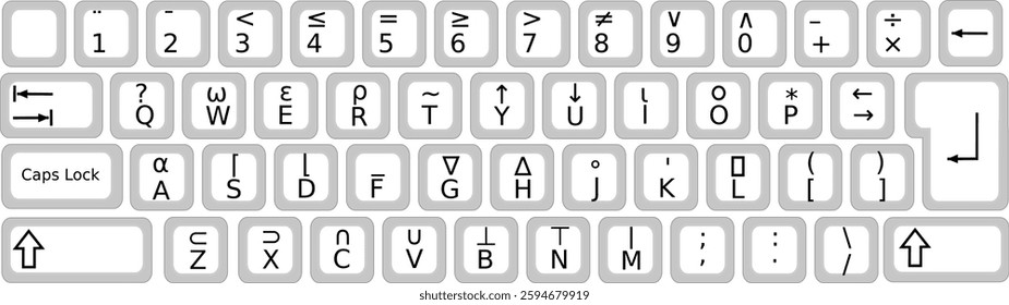 Computer Keyboard Outline Black on White. APL Key board programming language. Vector Image isolated on white background, eps