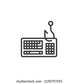 Computer keyboard phishing line icon. linear style sign for mobile concept and web design. Keyboard and fishing hook outline vector icon. Symbol, logo illustration. Vector graphics