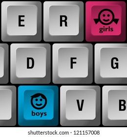 computer keyboard with red and blue buttons