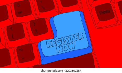 Computer Keyboard with Register Now text. Close-up of an electronic Computer Device part, keypad.