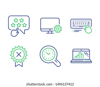 Computer keyboard, Reject medal and Time management line icons set. Monitor settings, Ranking star and Graph laptop signs. Pc device, Award rejection, Time analysis. Service cogwheel. Vector