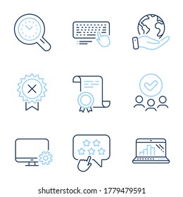 Teclado de equipo, conjunto de iconos de línea de gestión de tiempo y medalla de rechazo. Certificado de Diploma, Salvar planeta, grupo de personas. Ajustes del monitor, signos de la estrella de clasificación y del portátil Graph. Vector