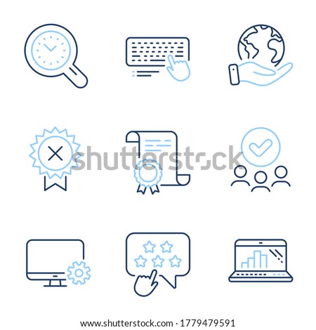 Computer keyboard, Reject medal and Time management line icons set. Diploma certificate, save planet, group of people. Monitor settings, Ranking star and Graph laptop signs. Vector