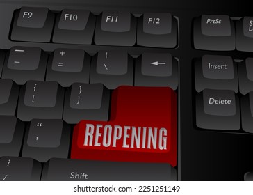 Computer Keyboard with Reopening text. Close-up of an electronic Computer Device part, keypad.