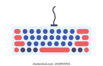 Computer keyboard with round buttons. Wired keypad. IT Office Equipment. Technology. Top view. Typing on keys. Color image. Flat design. Isolated object on a white background. Vector illustration