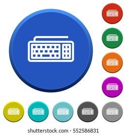Computer keyboard round color beveled buttons with smooth surfaces and flat white icons