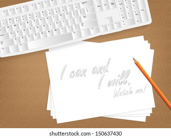 Computer keyboard, sheet of paper with the message on it and a pencil on table. (EPS10 Vector) 